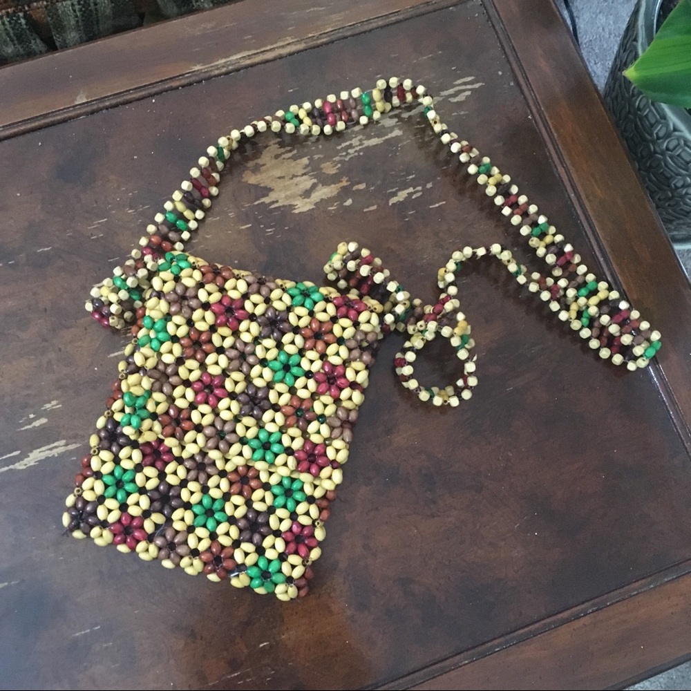 Retro Wood Bead Flower Bag Hippie Boho Bag Purse
